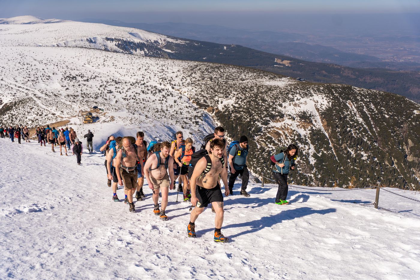 Group hiking in the snow
